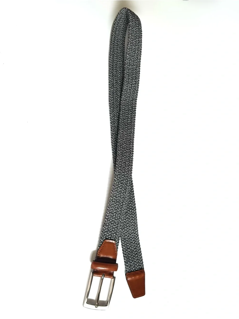 Italian Leather Woven Braided Stretch Belt Gray Brown 38 Casual Golf